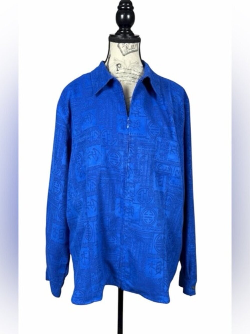 Chico's Designs Rich Blue Patterned Zipper Front Top Front Pockets Size 3